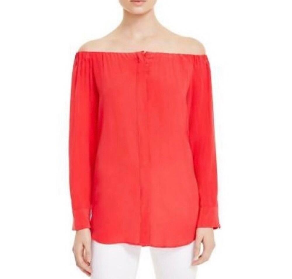 Equipment Gretchen Pink Silk Off Shoulder Top Small Button Down Long Sleeve